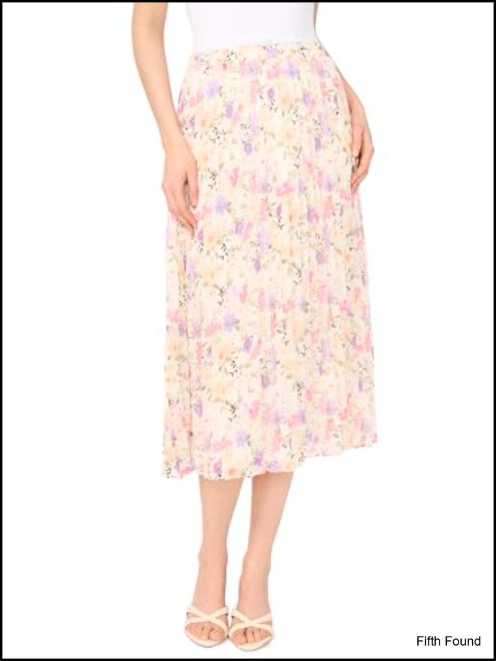 Floral Pleated Midi Skirt High Rise A-Line Elastic Waist